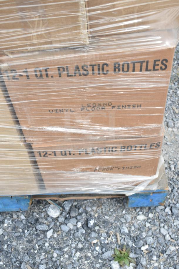 Pallet with 38 scratch and dent items, including 12 one-quart plastic bottles of Legend Vinyl Floor Finish.