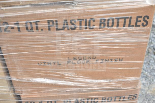 Cardboard box labeled "12-1 QT. PLASTIC BOTTLES" and "LEGEND VINYL FLOOR FINISH" wrapped in plastic. Contains cleaners/bottles.