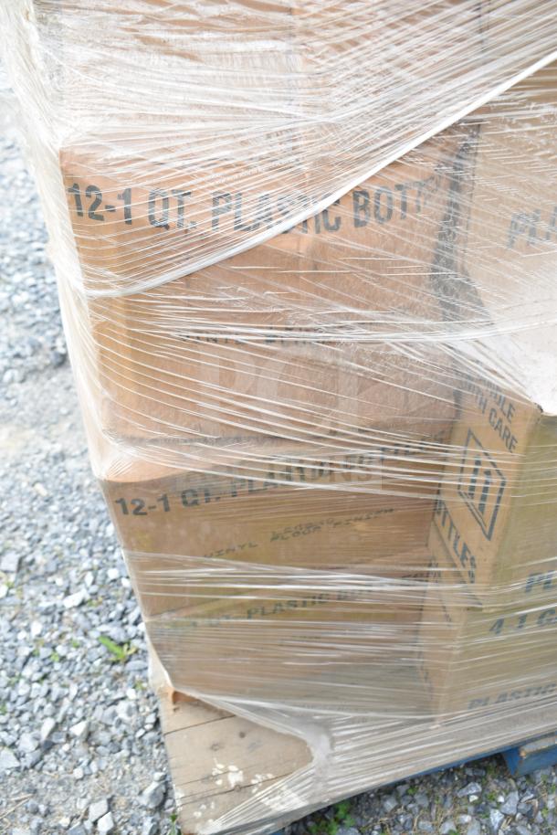 Pallet of 38 boxes labeled "12-1 Qt. Plastic Bottles," shrink-wrapped, new scratch and dent condition, outdoors on gravel.