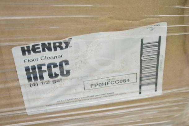 Cardboard box labeled "Henry Floor Cleaner HFCC," containing four 1/2-gallon bottles; item no. FP0HFCC084.