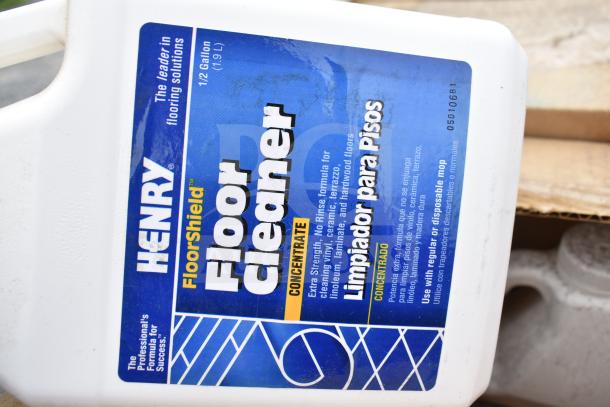 Henrys Floorshield Floor Cleaner, half-gallon concentrate. New condition, labeled for vinyl, ceramic, terrazzo floors.