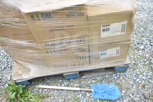 Pallet with wrapped boxes labeled "4-1 GAL Plastic Bottles" and "Henry HFCC Floor Cleaner." Scratch and dent condition.