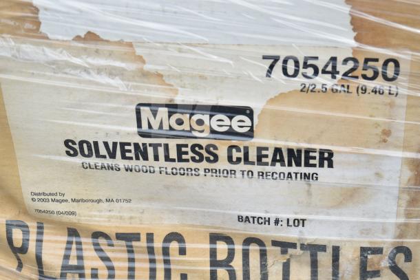 Magee Solventless Cleaner box, 2x2.5 gal, for wood floors. Batch #: LOT. Slight wear visible. Distributed by Magee, MA.