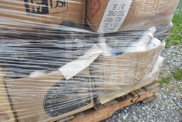 Sealed pallet with 25 brand new scratch and dent items including various cleaners and vinegar bottles in cardboard boxes.