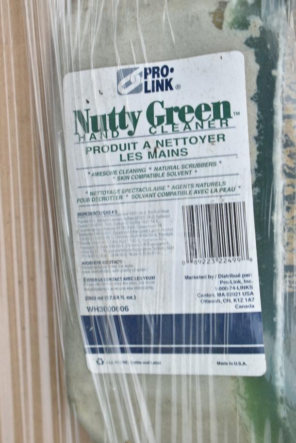 "Pro-Link Nutty Green Hand Cleaner label, 2000 ml, made in USA, awesome cleaning, natural scrubbers, sealed packaging."