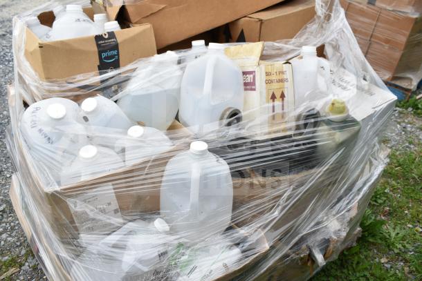 Boxed lot of 25 new scratch and dent items, including various cleaner and vinegar bottles, wrapped in plastic for auction.