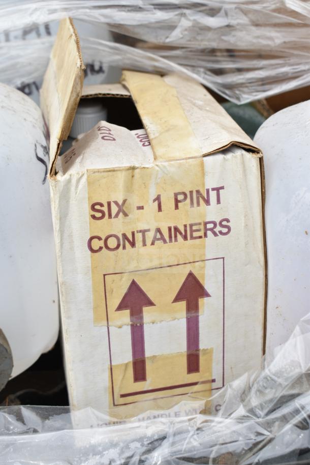 Box of six 1-pint containers with visible label, part of auction lot of 25 scratch and dent cleaning items.
