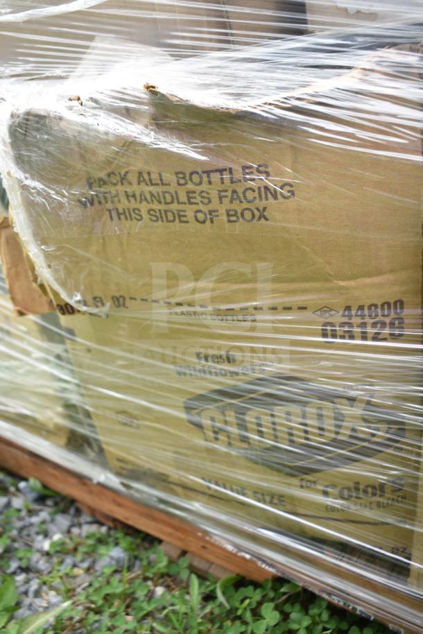 Packaged pallet of 25 brand new scratch and dent items, including various cleaners and vinegar bottles. Boxes marked with Clorox branding.