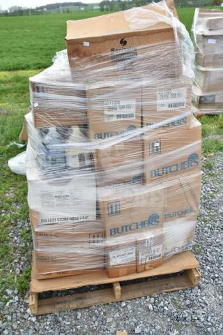 Pallet of 35 brand new scratch and dent cleaning items, featuring Butchers and Sanitaire boxes, wrapped in plastic.