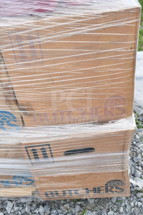 Pallet with 35 new "Butchers" branded boxes, shrink-wrapped, labeled for cleaning items, signs of slight wear.