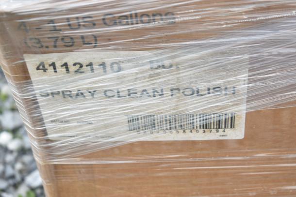 Packaging of 35 scratch and dent cleaning products wrapped in plastic, marked "4-1 US Gallons, Spray Clean Polish."