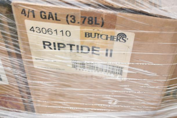 Box of Butchers Riptide II cleaners, 4x1 gal, wrapped in plastic, slight scratch and dent, label shows product details.