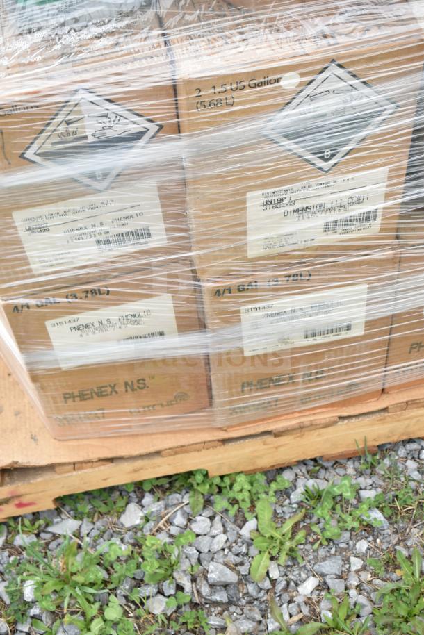 Shrink-wrapped pallet containing multiple boxes of Phenex N.S. Phenolic cleaner, 2x1 US Gallon, various labels visible.