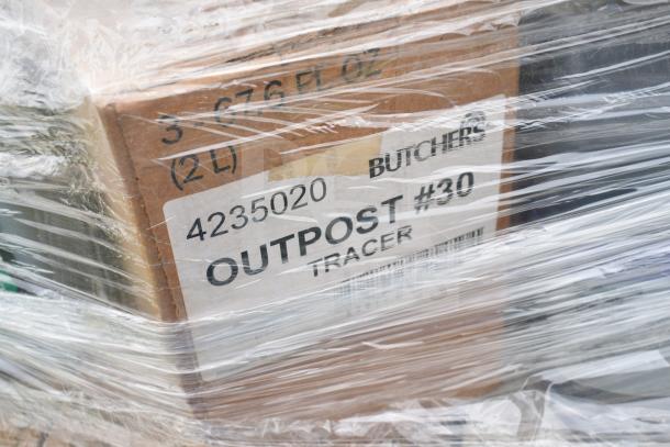 Pallet with 35 new scratch and dent items including Butchers Outpost #30 cleaners, wrapped in plastic. Marking: 2L, 4235020.