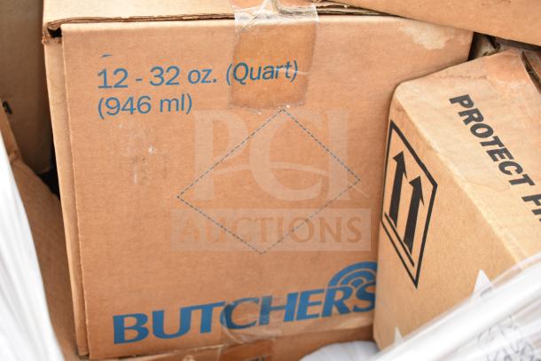 Boxes of Butchers cleaning products, labeled "12 - 32 oz. (Quart), 946 ml." Scratch and dent condition, bulk auction.