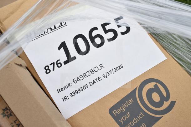 Label on a cardboard box showing item number 649R2BCLR and date 3/17/2026, part of a scratch and dent auction lot.