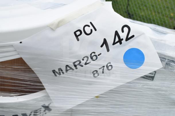16 new scratch and dent items including trash cans and seat cushions. Labeled "PCI MAR26-142" on wrapped pallet.