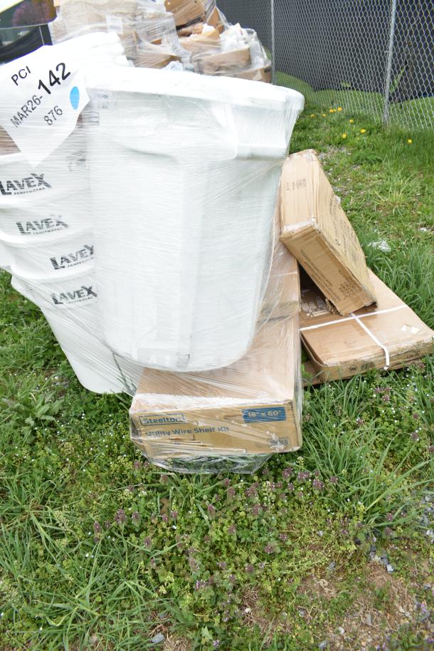 Plastic-wrapped set of Lavex trash cans and boxed items, labeled MAR26-142. New with scratch and dent condition.