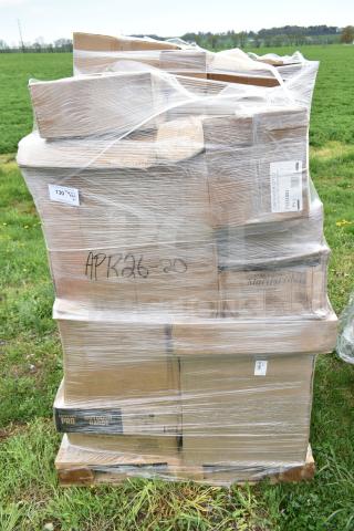 Pallet of 34 new scratch and dent items wrapped in plastic, including plates and bowls. Labels show "APR26-20" and product codes.