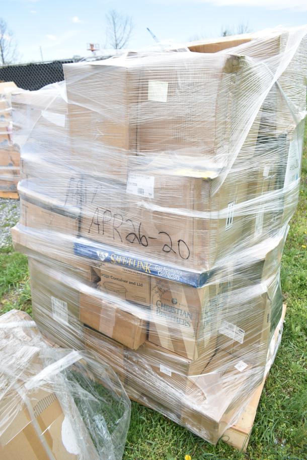 Pallet with 34 brand new scratch and dent boxes, wrapped in plastic, includes plates, cutting boards, bowls, crayons.