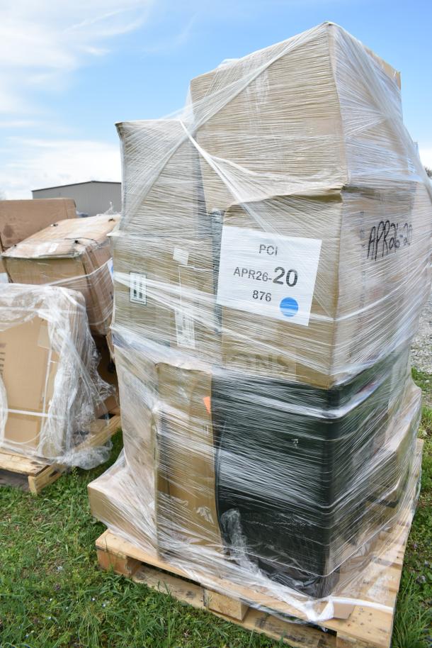 A pallet of scratch and dent items wrapped in plastic, including plates, cutting boards, bowls. Label reads "PCI APR26-20 876".