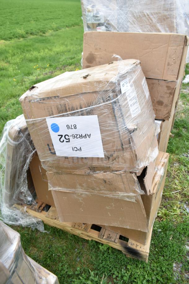 Sealed boxes on pallet, labeled APR26-52 and 976. Contains bakery display case and VitaMix blender. Scratch & dent items.