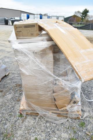 Pallet with 32 scratch and dent items, including Acopa beverage glasses and mini casserole dishes, wrapped in plastic.