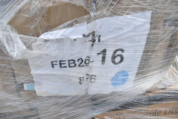 Shrink-wrapped pallet labeled "FEB26-16" containing 32 new scratch and dent items, including beverage glasses and mini casserole dishes.