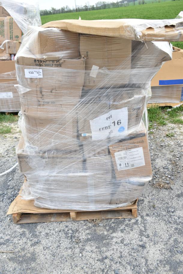 Pallet of 32 brand new scratch and dent items, including beverage glasses and mini casserole dishes, wrapped in plastic. Tags read "FEB26-16."