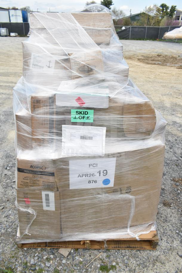 Plastic-wrapped pallet of 40 new items, including a beer tower and wine glasses. Boxes labeled "PCI APR26-19 876" and "SKID."