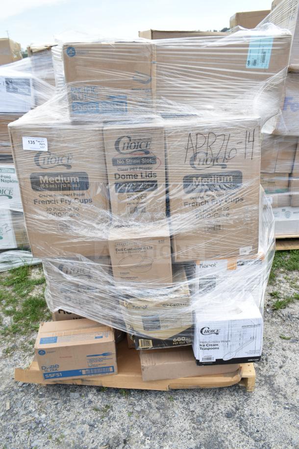 23 brand new, scratch and dent items including dessert cups, hot cups, and cupcake containers wrapped on a pallet, labeled APR26-14.