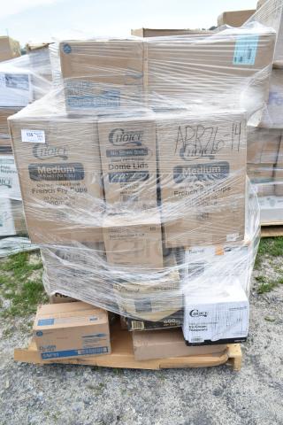 23 brand new, scratch and dent items including dessert cups, hot cups, and cupcake containers wrapped on a pallet, labeled APR26-14.