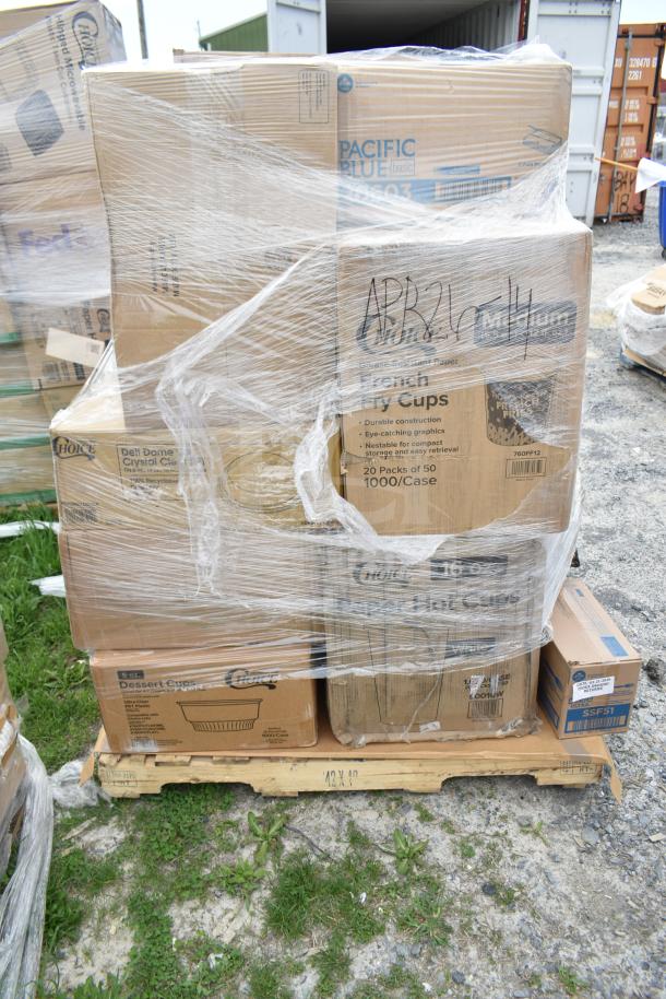 Pallet of 23 boxed items including Choice dessert cups and hot cups. Boxes appear new but labeled scratch and dent.
