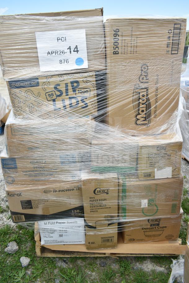 Pallet of 23 brand new scratch and dent items including dessert cups, hot cups, and cupcake containers, wrapped for auction. Labels visible.