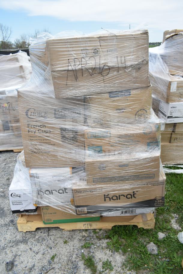 Pallet of 23 brand new scratch and dent boxes, including dessert cups, hot cups, and cupcake containers, labeled "APR26-14."