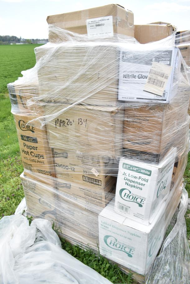 Pallet of 32 new scratch and dent items, including Choice napkins, nitrile gloves, and hot cups, marked MAR26-134.