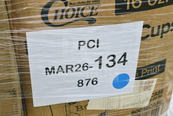 Pallet of 32 scratch and dent items including plates and napkins. Labeled "MAR26-134." Packaged in wrap for auction.