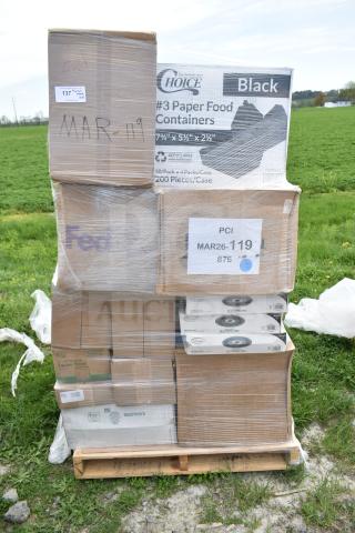 Pallet of new scratch-and-dent items including Choice paper food containers and natural square plates, marked MAR26-119.