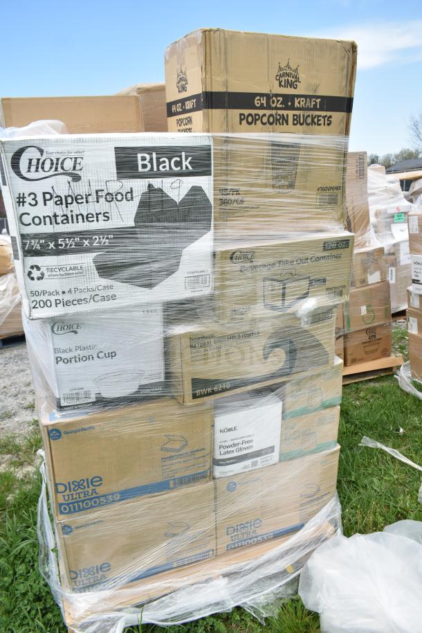 Stack of boxes containing scratch and dent items including Choice paper food containers, Dixie Ultra plates, Carnival King popcorn buckets, and Noble latex gloves. Items are brand new.