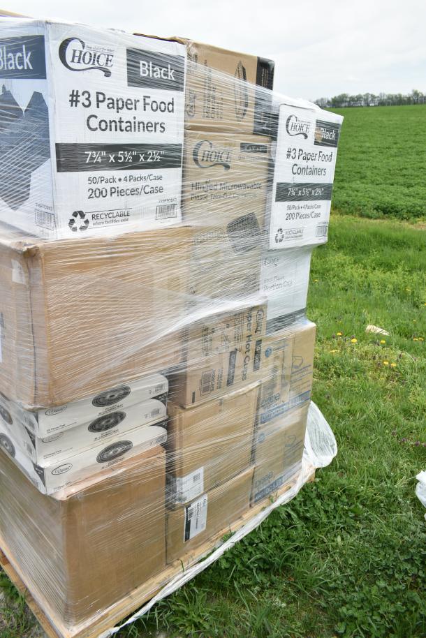 Pallet of 37 brand new scratch and dent items, including Choice paper food containers, hinged microwavable containers, and portion cups.