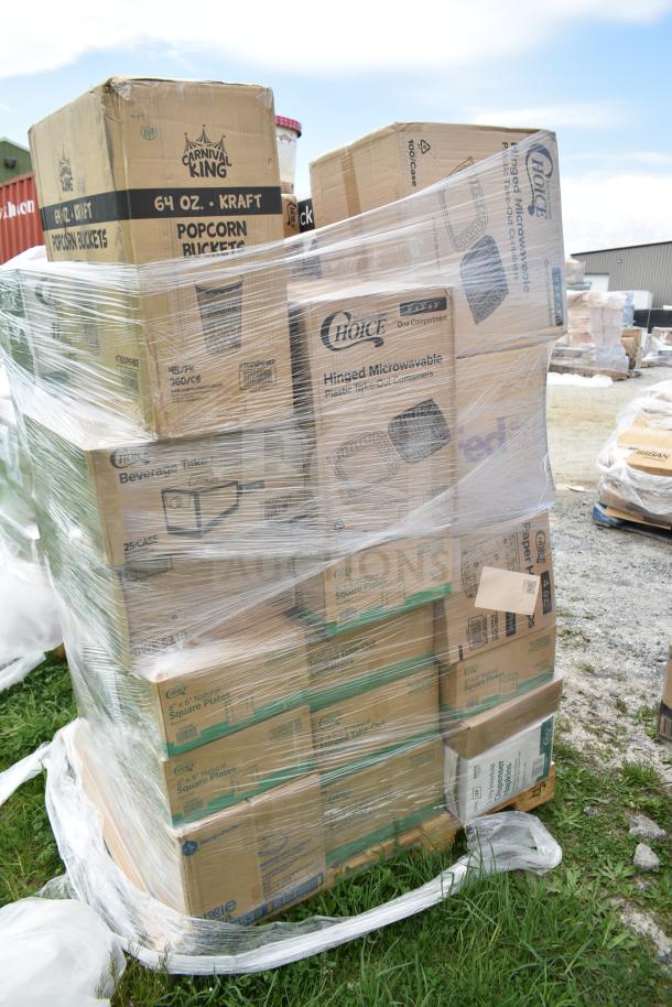 Pallet of 37 boxes labeled "Carnival King" and "Choice," containing scratch and dent items like plates and containers.