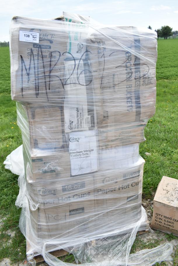 Pallet of 32 brand new scratch and dent items, including Choice hot cups, cutlery sets, and takeout containers. Marked "MAR26-135."