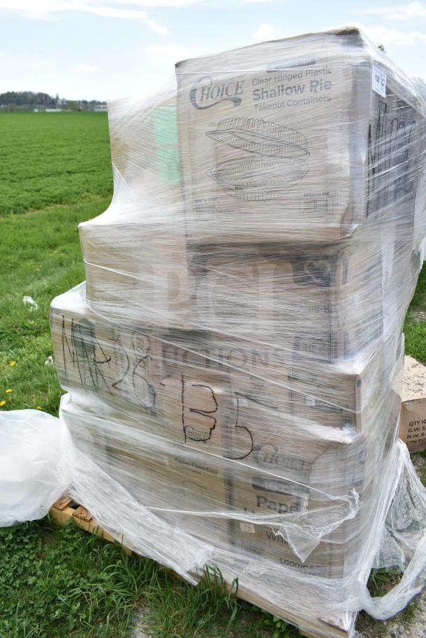 Pallet of 32 boxed items including hot cups, T-shirt bags, and takeout containers. Wrapped and marked "MAR26-135."