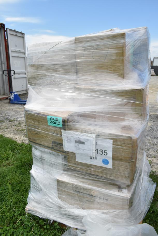 Shrink-wrapped pallet of 32 brand new scratch and dent items, including hot cups, T-shirt bags, and take-out containers. Visible label: "Skid 2 of 4."