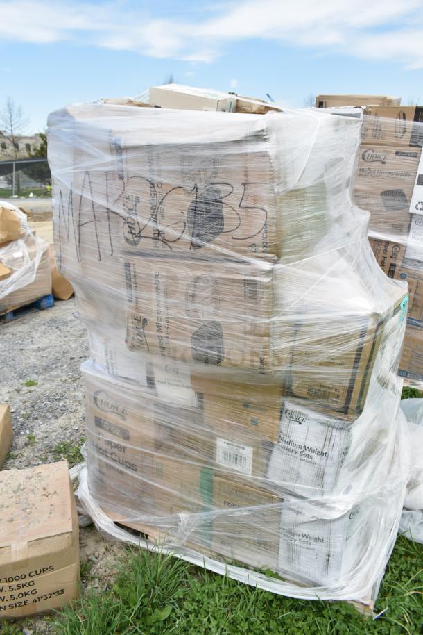 Shrink-wrapped pallet of 32 new items, scratch and dent, including Choice brand hot cups, take-out containers, visible labels.