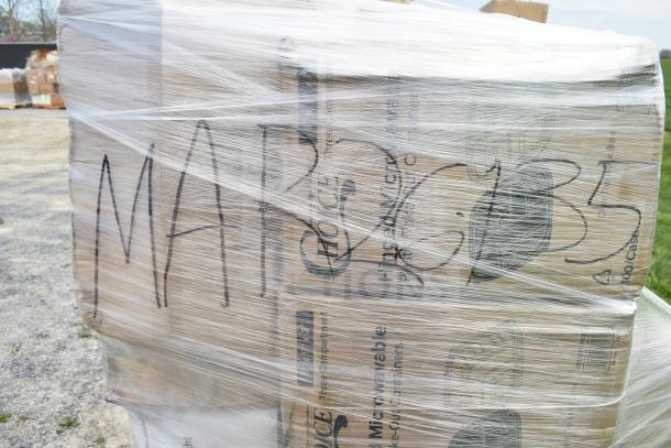 Pallet of 32 new 'scratch and dent' items wrapped in plastic, contains hot cups, T-shirt bags, take-out containers. Marked "MAR26-135."