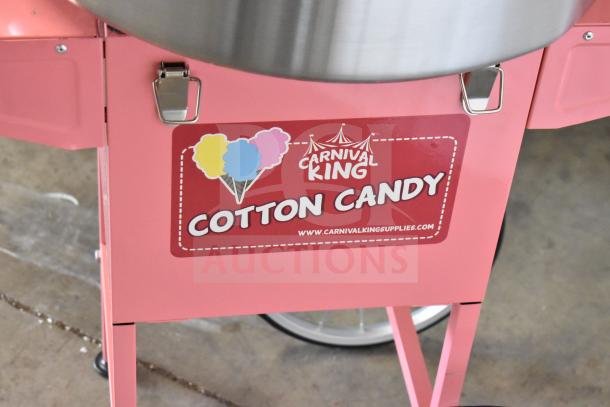 BRAND NEW Carnival King 382CCM21CT cotton candy machine, pink cart with logo, 21" stainless steel bowl, 110V.