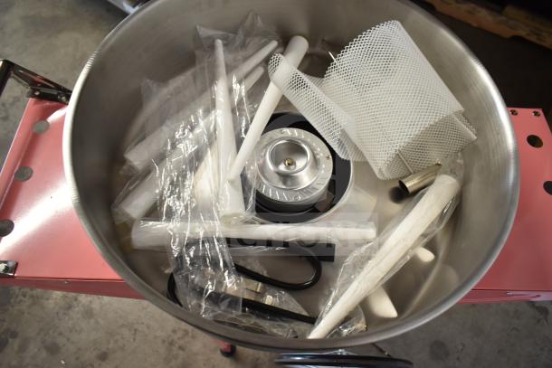 Brand new 2024 Carnival King 382CCM21CT cotton candy machine with 21" stainless steel bowl, cart, and accessories, 110V.