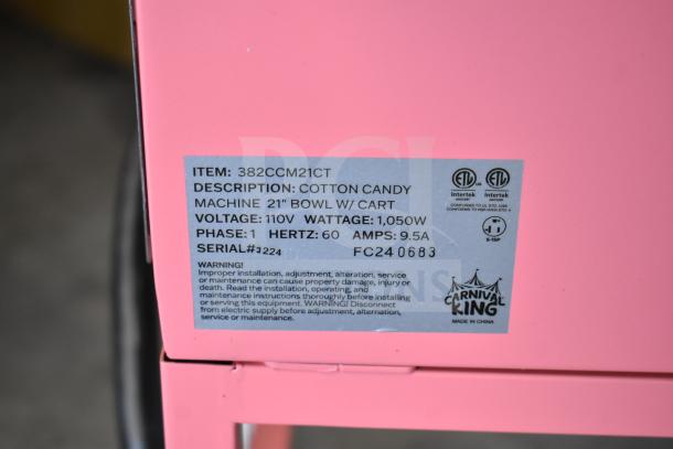 BRAND NEW 2024 Carnival King Cotton Candy Machine, model 382CCM21CT, with 21" stainless steel bowl, cart, and power details.