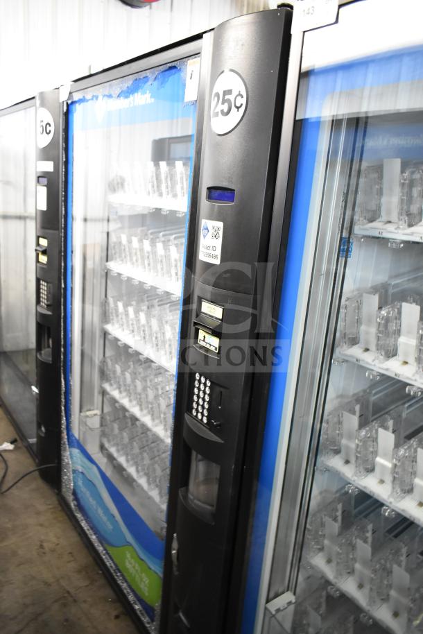 Crane 5800-4 commercial drink vending machine with bill acceptor, visible glass damage, 115V, 1 phase.
